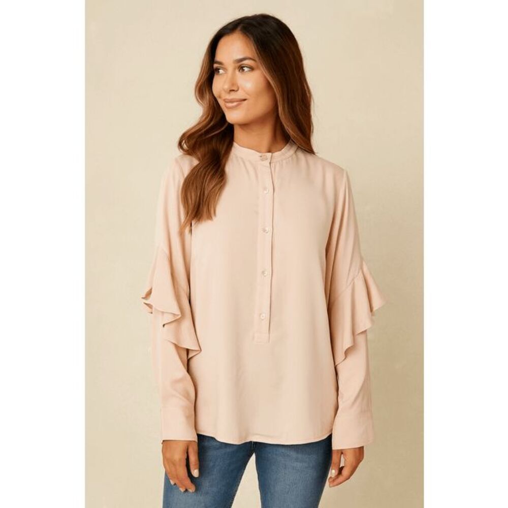 Club Monaco Ruffle Sleeve Blouse Half Button Front and Cuffs Pink Size Small‎